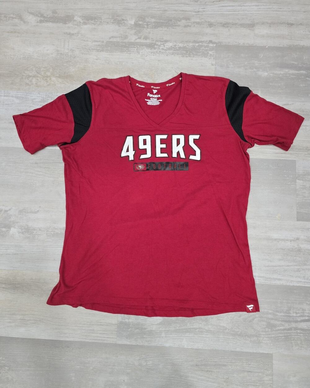 San Francisco 49ers T-Shirt Womens XL Fanatics V-Neck Red Black Mesh NFL